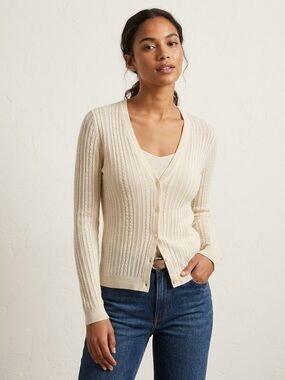Brooks Brothers Cream Button-Front V-Neck Ribbed Silk Blend Cardigan Size M